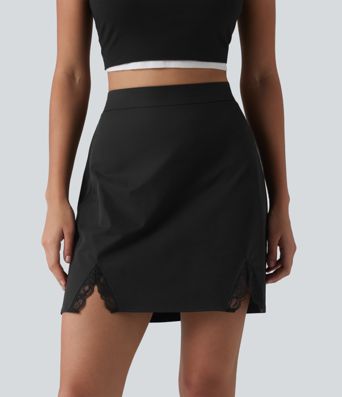 High Waisted Contrast Lace Stretchy Poplin Mini Casual Skirt High Waisted Contrast Lace Stretchy Poplin Mini Casual Skirt