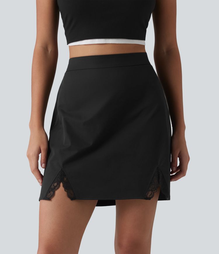 High Waisted Contrast Lace Stretchy Poplin Mini Casual Skirt High Waisted Contrast Lace Stretchy Poplin Mini Casual Skirt