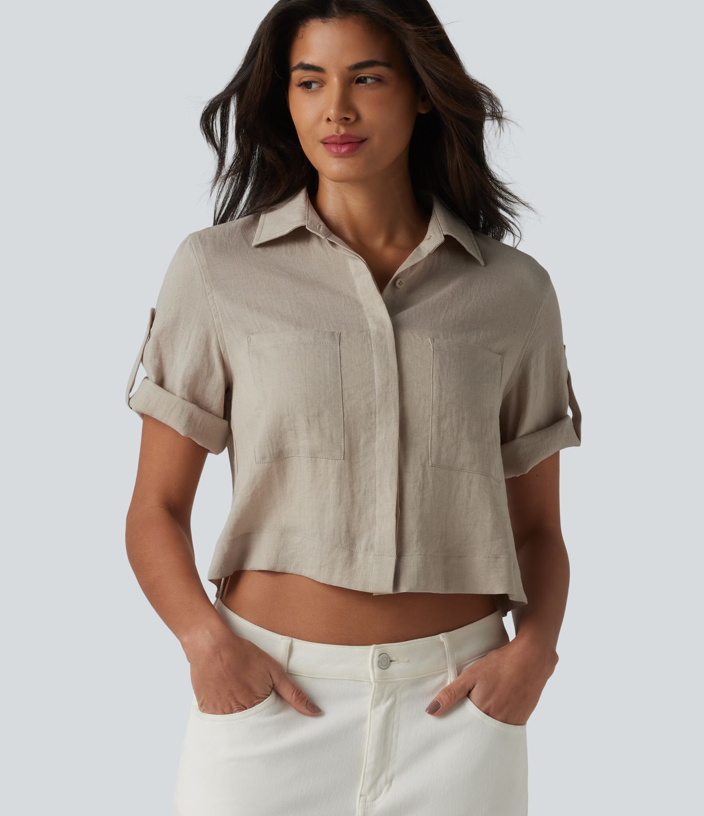 Roll Up Short Sleeve Cropped Casual Linen-Blend Shirt with Pockets Roll Up Short Sleeve Cropped Casual Linen-Blend Shirt with Pockets