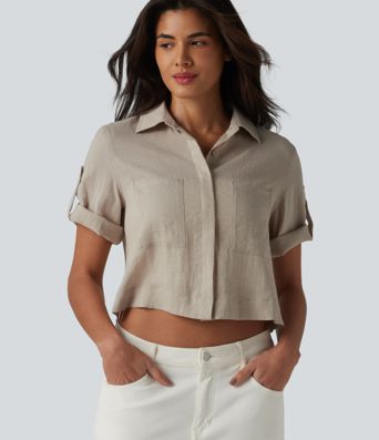 Roll Up Short Sleeve Cropped Casual Linen-Blend Shirt with Pockets Roll Up Short Sleeve Cropped Casual Linen-Blend Shirt with Pockets