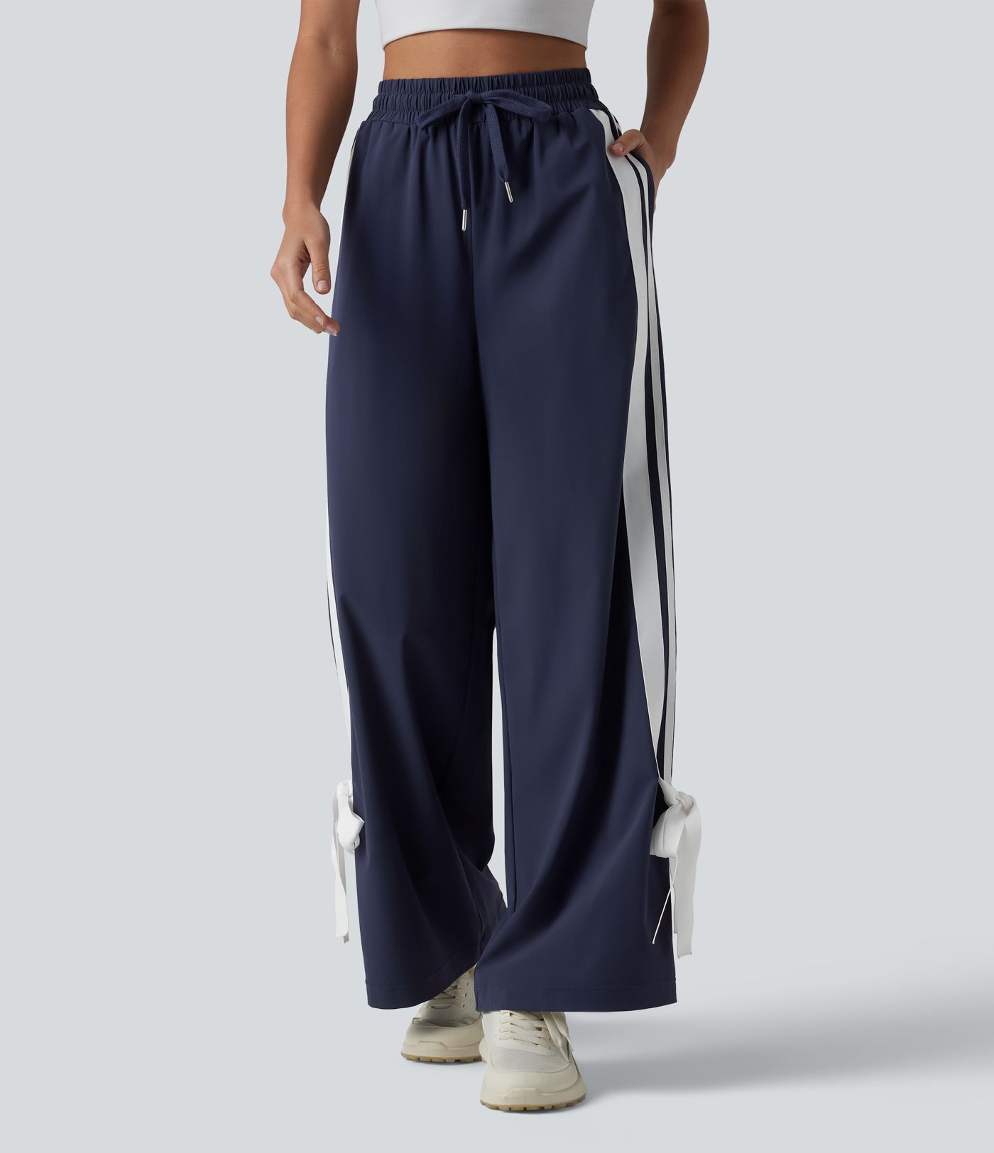 Løbebukser med høj talje og snøre, color-block striber, sløjfe, hurtigttørrende og kølende fornemmelse, vide ben og lommer — UPF40+