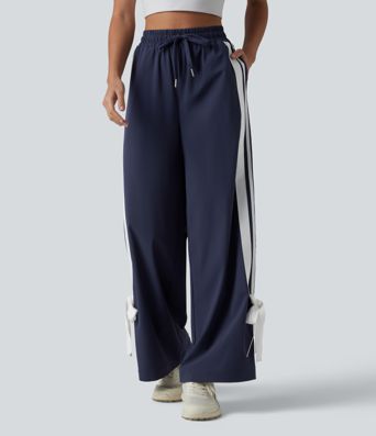 Løbebukser med høj talje og snøre, color-block striber, sløjfe, hurtigttørrende og kølende fornemmelse, vide ben og lommer — UPF40+