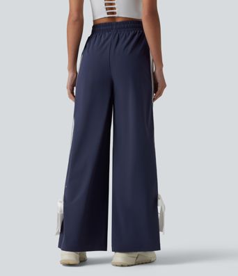 Løbebukser med høj talje og snøre, color-block striber, sløjfe, hurtigttørrende og kølende fornemmelse, vide ben og lommer — UPF40+