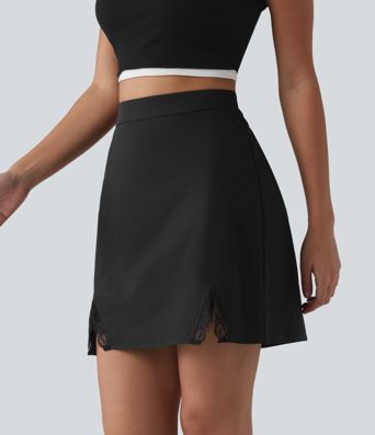 High Waisted Contrast Lace Stretchy Poplin Mini Casual Skirt High Waisted Contrast Lace Stretchy Poplin Mini Casual Skirt