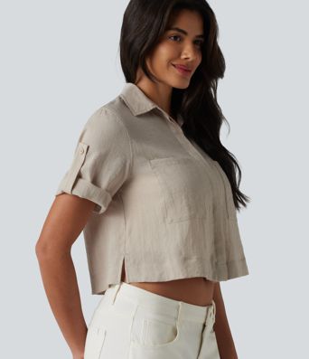 Roll Up Short Sleeve Cropped Casual Linen-Blend Shirt with Pockets Roll Up Short Sleeve Cropped Casual Linen-Blend Shirt with Pockets