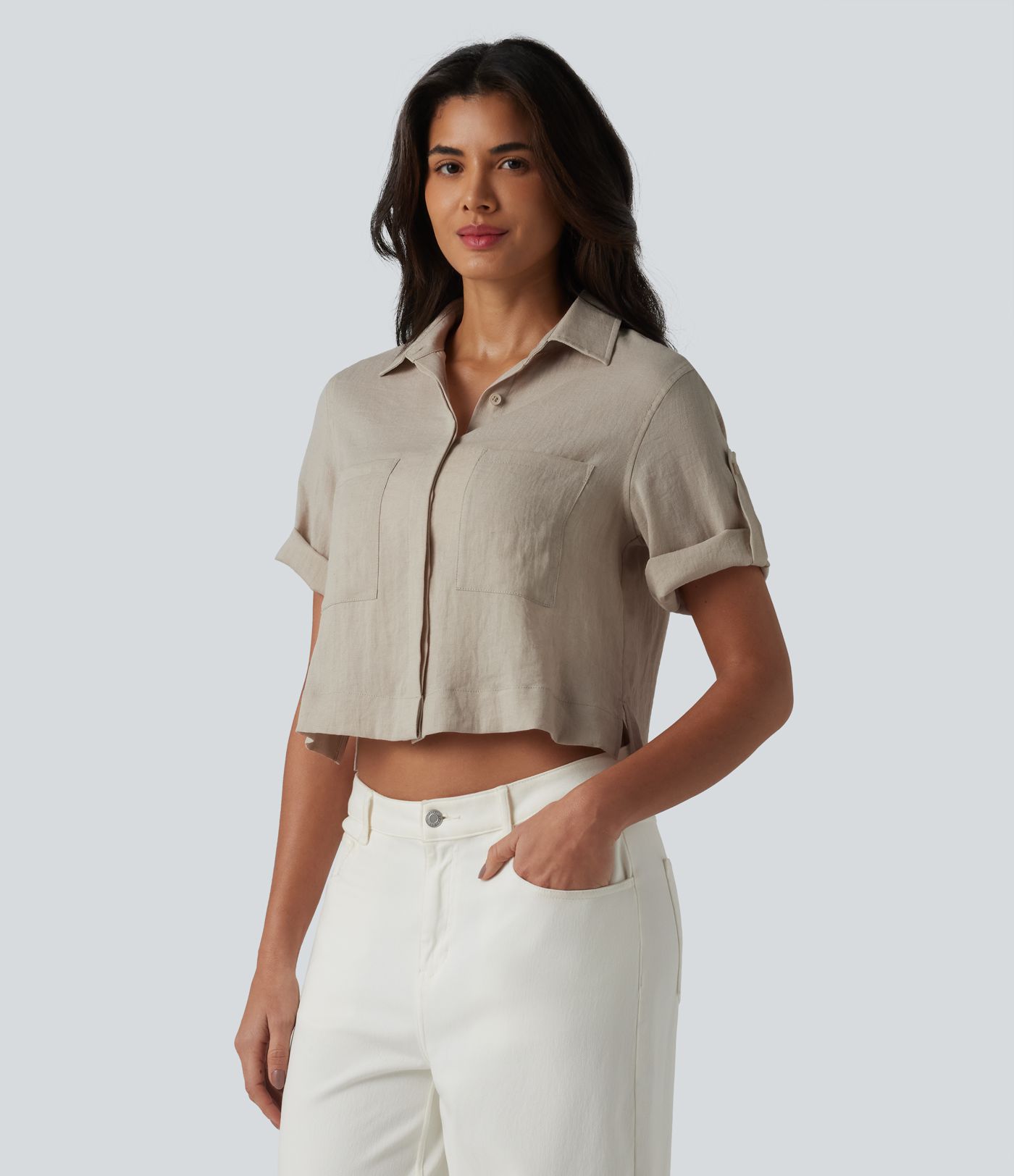 Roll Up Short Sleeve Cropped Casual Linen-Blend Shirt with Pockets Roll Up Short Sleeve Cropped Casual Linen-Blend Shirt with Pockets