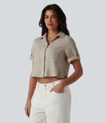 Roll Up Short Sleeve Cropped Casual Linen-Blend Shirt with Pockets Roll Up Short Sleeve Cropped Casual Linen-Blend Shirt with Pockets
