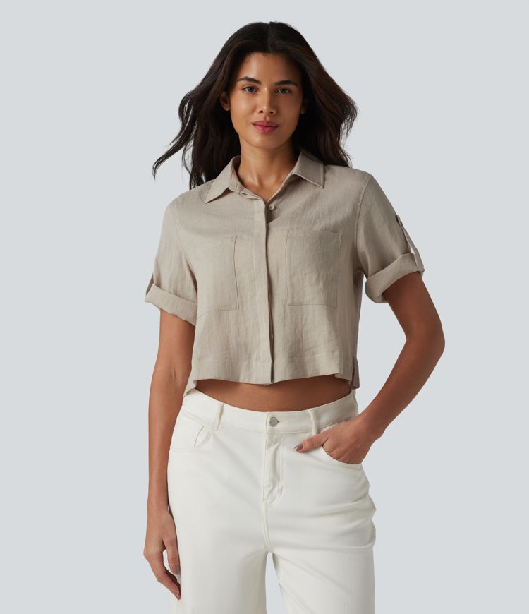 Roll Up Short Sleeve Cropped Casual Linen-Blend Shirt with Pockets Roll Up Short Sleeve Cropped Casual Linen-Blend Shirt with Pockets
