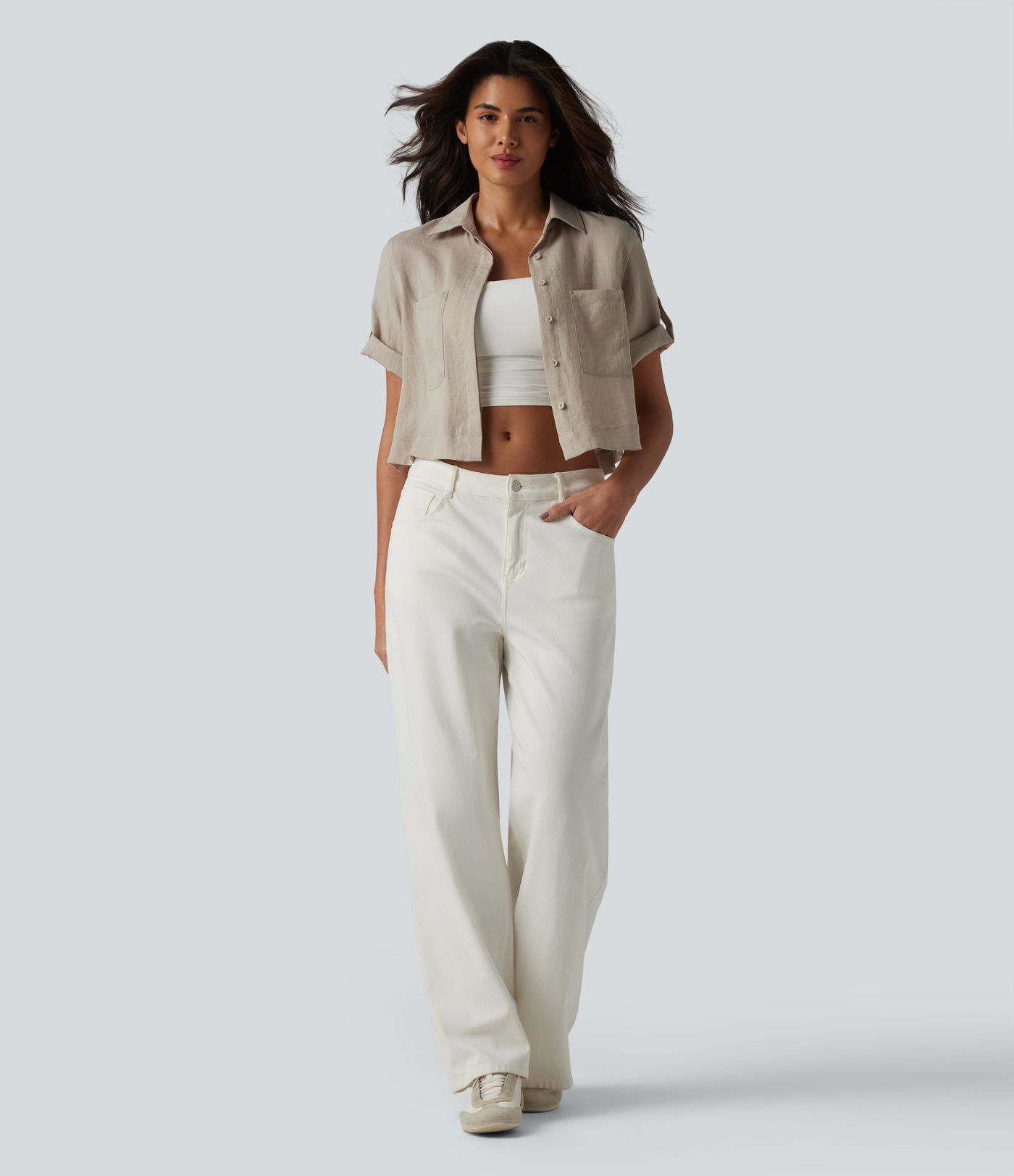Roll Up Short Sleeve Cropped Casual Linen-Blend Shirt with Pockets Roll Up Short Sleeve Cropped Casual Linen-Blend Shirt with Pockets