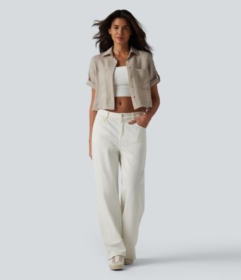Roll Up Short Sleeve Cropped Casual Linen-Blend Shirt with Pockets Roll Up Short Sleeve Cropped Casual Linen-Blend Shirt with Pockets