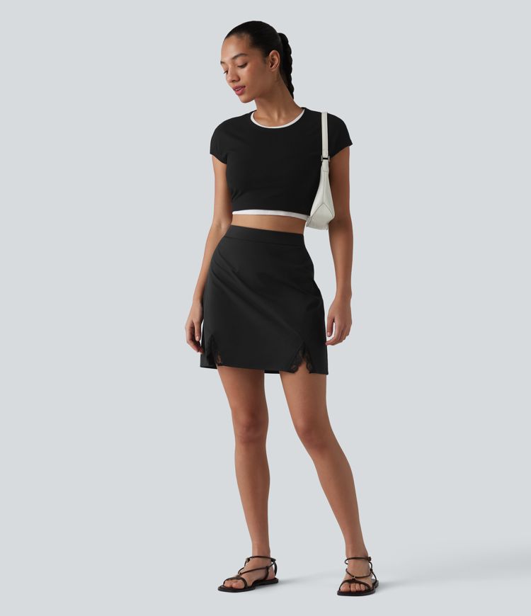 High Waisted Contrast Lace Stretchy Poplin Mini Casual Skirt High Waisted Contrast Lace Stretchy Poplin Mini Casual Skirt