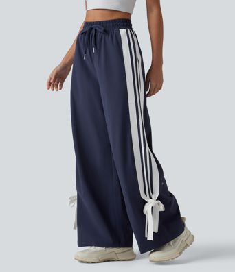 Løbebukser med høj talje og snøre, color-block striber, sløjfe, hurtigttørrende og kølende fornemmelse, vide ben og lommer — UPF40+