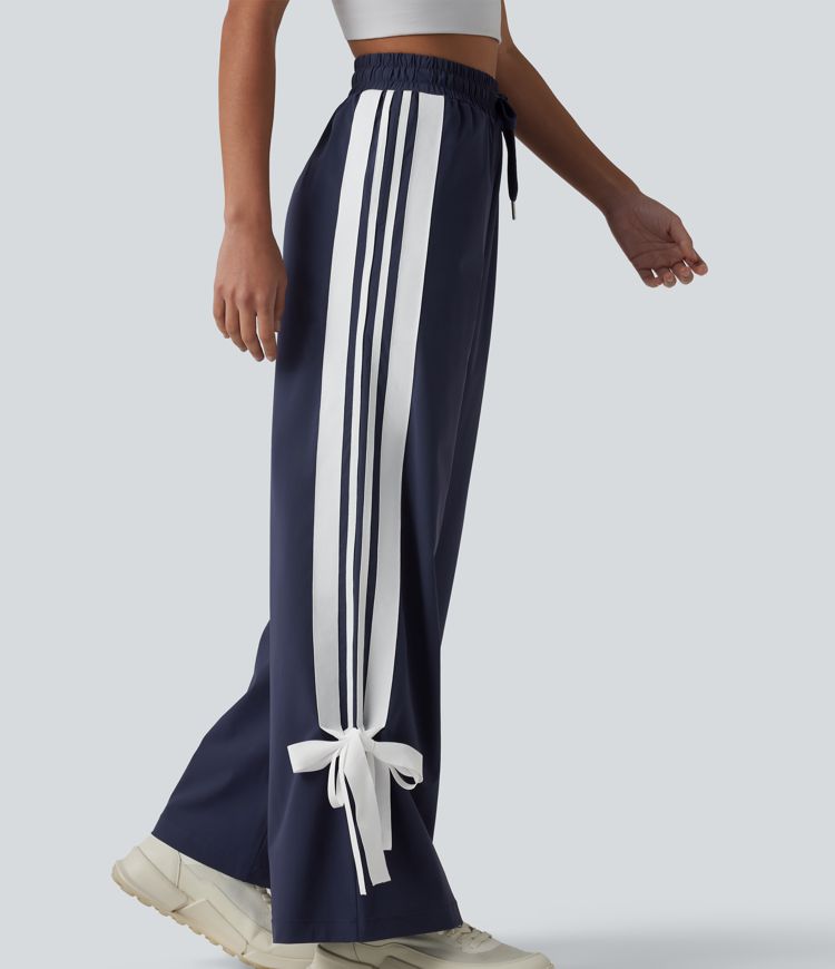 Løbebukser med høj talje og snøre, color-block striber, sløjfe, hurtigttørrende og kølende fornemmelse, vide ben og lommer — UPF40+