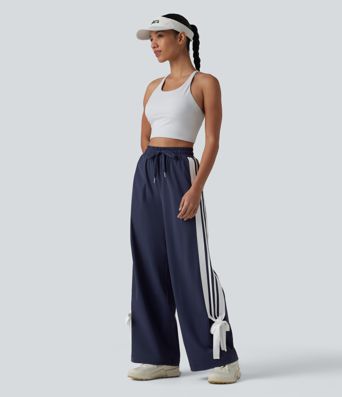 Løbebukser med høj talje og snøre, color-block striber, sløjfe, hurtigttørrende og kølende fornemmelse, vide ben og lommer — UPF40+