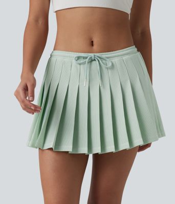 Plissierter 2-in-1 Pickleball-Minirock mit niedrigem Bund, Seitentaschen, Kordelzug und Streifen