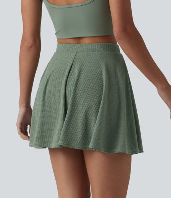 Jupe courte évasée 2-en-1 taille haute en maille côtelée mélange lin avec poches
