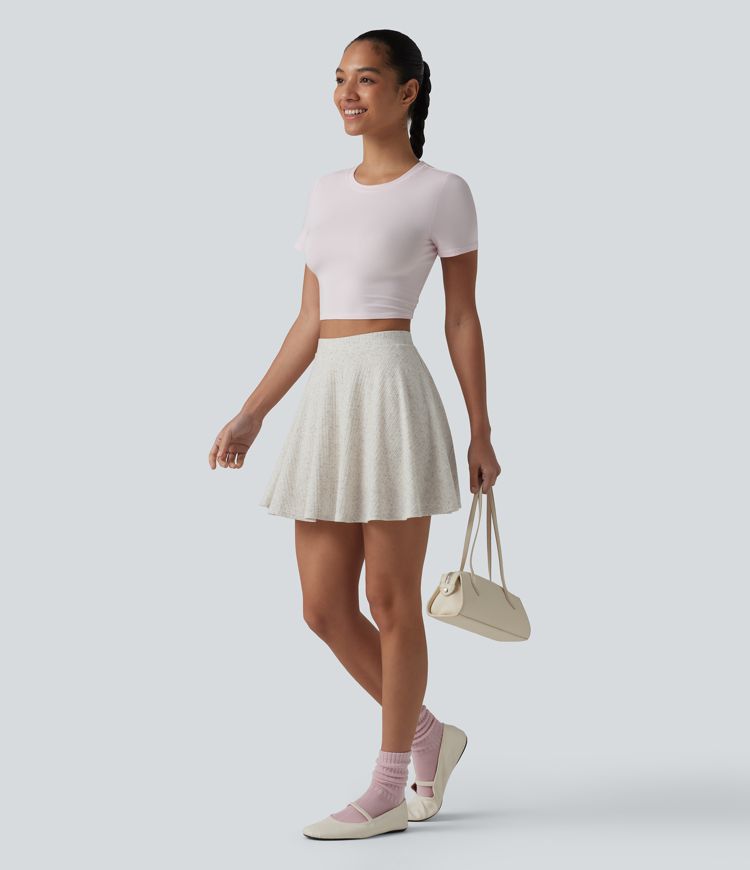 Jupe courte évasée 2-en-1 taille haute en maille côtelée mélange lin avec poches