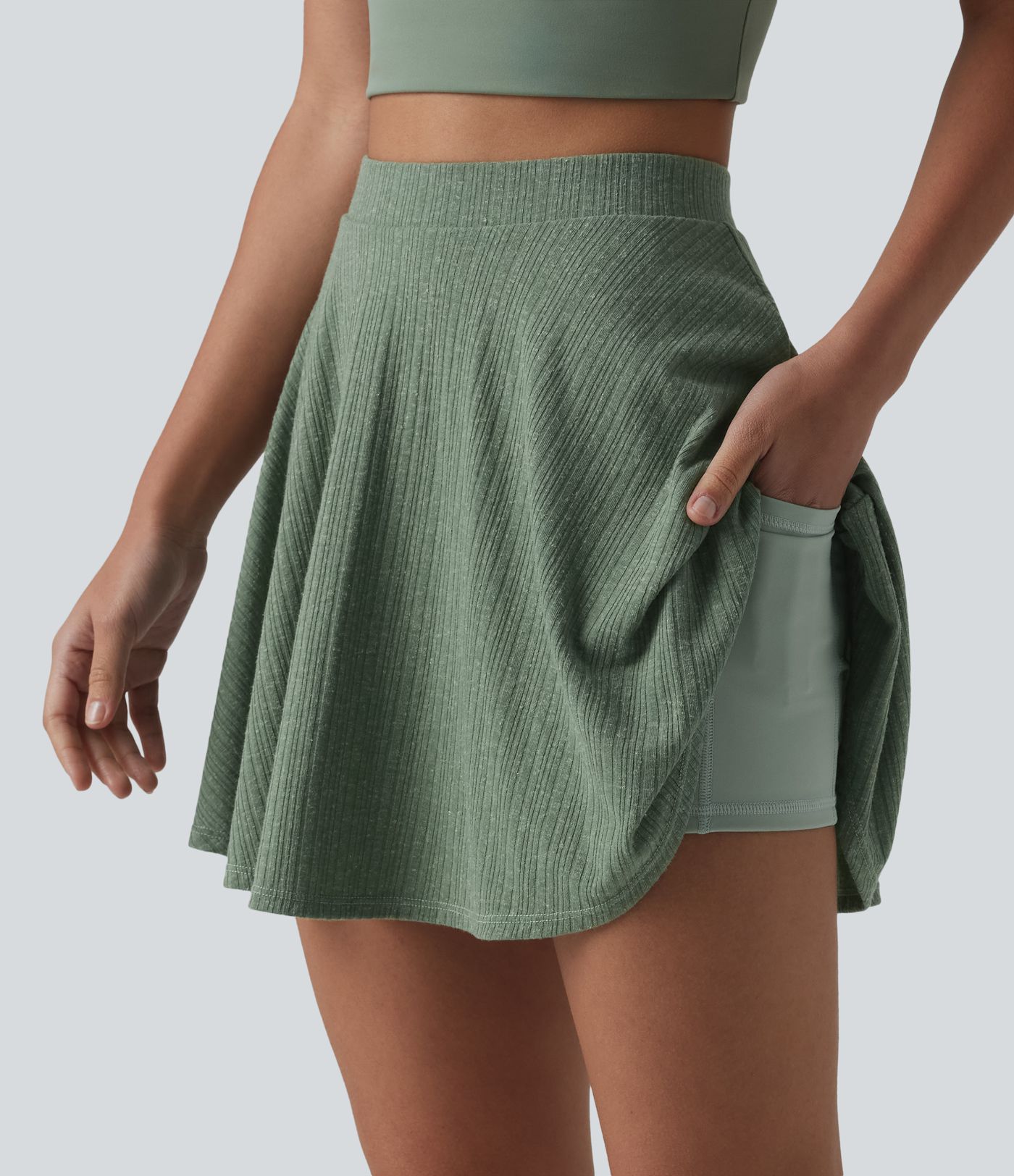 Jupe courte évasée 2-en-1 taille haute en maille côtelée mélange lin avec poches