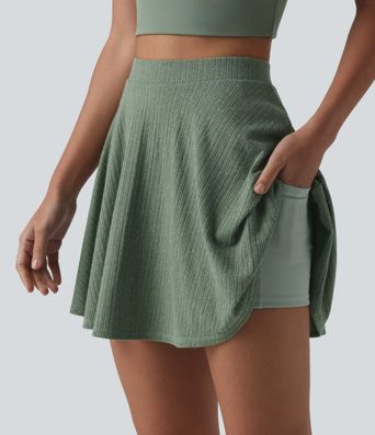 Jupe courte évasée 2-en-1 taille haute en maille côtelée mélange lin avec poches