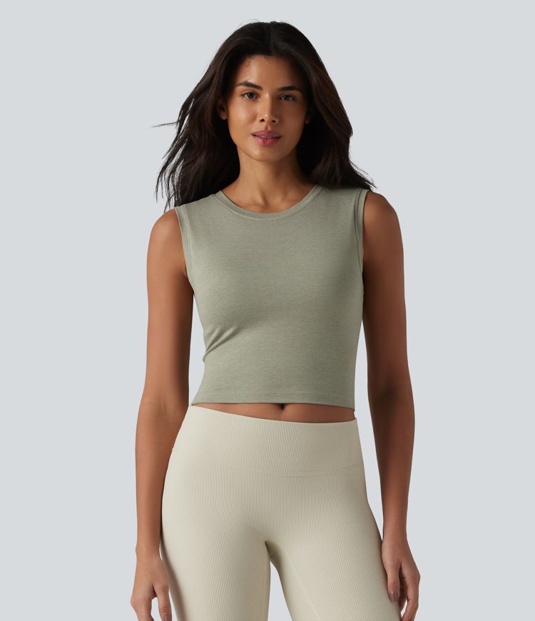 Round Neck Built-in Bra Cropped Workout Tank Top