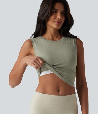 Round Neck Built-in Bra Cropped Workout Tank Top