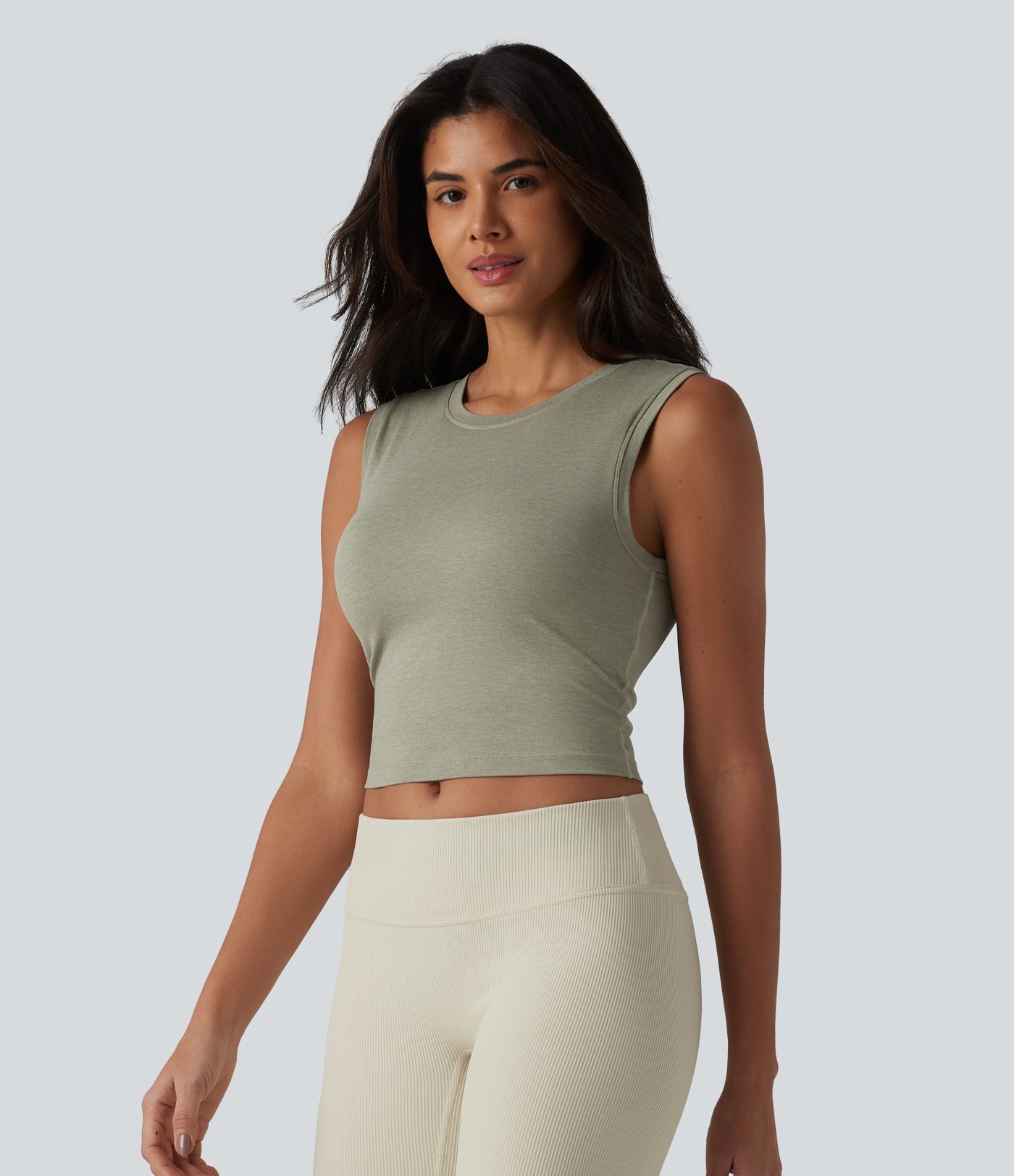 Round Neck Built-in Bra Cropped Workout Tank Top