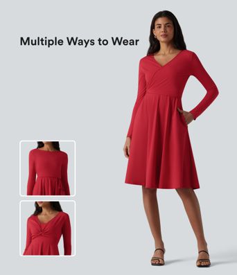 SoftlyZero™ Airy Robe midi 2 pièces toucher frais à manches longues, effet portefeuille et poches