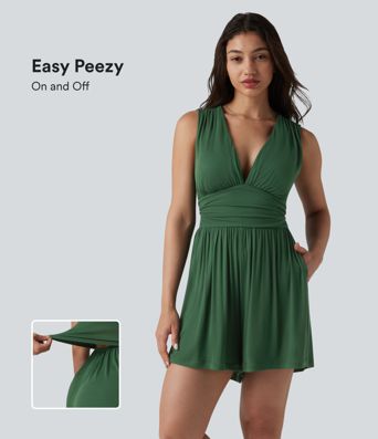 Ribbed V-neck Sleeveless Ruched Built-in Bra Casual Romper with Pockets-Easy Peezy