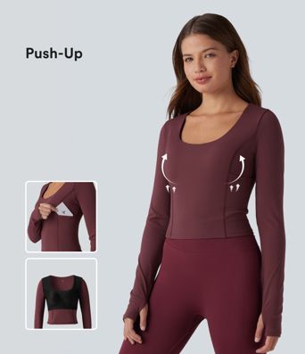 SoftlyZero™ Plush Scoop Neck Push-Up Long Sleeve Thumb Hole Yoga Sports Top with Pockets