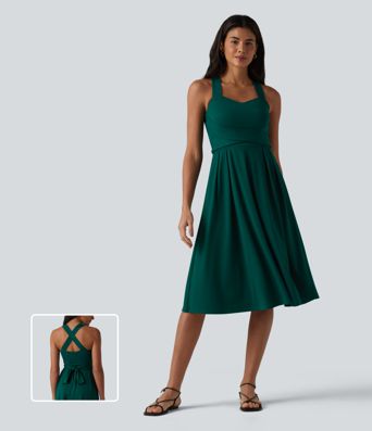 Sweetheart Neck Sleeveless Crisscross Tie-back Midi Casual Flowy Dress with Pockets