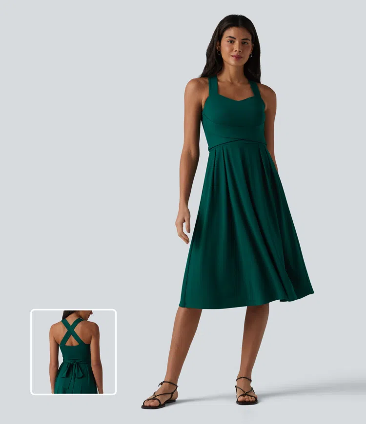 Sweetheart Neck Sleeveless Crisscross Tie-back Midi Casual Flowy Dress with Pockets