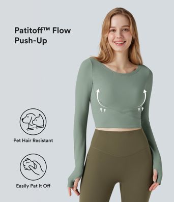 Patitoff™ Flow Pet Hair Resistant Push-Up Long Sleeve Thumb Hole Cropped Yoga Sports Top