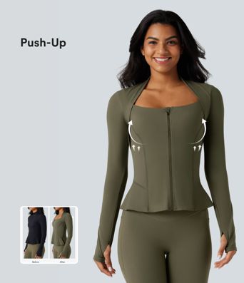 Halara UltraSculpt™ Push-Up Long Sleeve Thumb Hole Zipper Ruffle Hem Yoga Curvy Jacket
