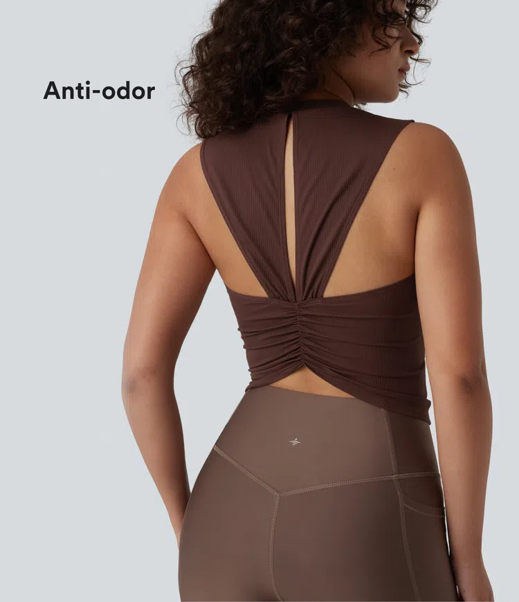 Bitter Chocolate Ribbed Knit Crew Neck Workout Tank Top-UPF40+ / 1