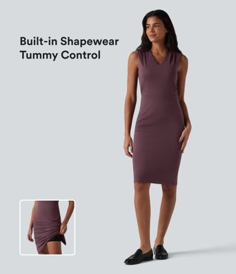 V Neck Sleeveless Tummy Control Built-in Shapewear Midi Work Dress