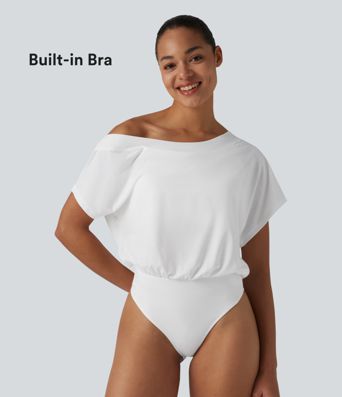 Lässiger Bodysuit mit kurzen Ärmeln, One-Shoulder-Design und integriertem BH - schnelltrocknend