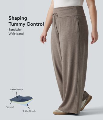 Plus Size Ribbed Knit High Waisted Tummy Control Drawstring Wide Leg Casual Trousers with Pockets
