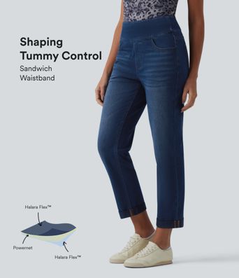 Halara Flex™ hochgeschnittene, bauchformende, lässige Jeans mit umgeschlagenem Saum und Taschen