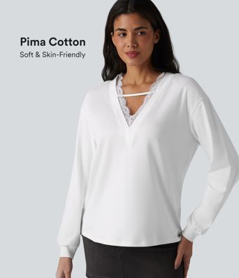 V-neck Contrast Lace Long Sleeve Casual Pima Cotton T-Shirt V-neck Contrast Lace Long Sleeve Casual Pima Cotton T-Shirt