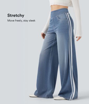 Halara Flex™ High Waisted Stripe Wide Leg Flowy Washed Denim Women Wide Leg Baggy Casual Jeans
