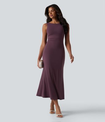 Boat Neck Built-in Bra Sleeveless Midi Dress