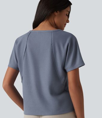 Sweetheart Neck Short Sleeve Waffle Casual T-Shirt