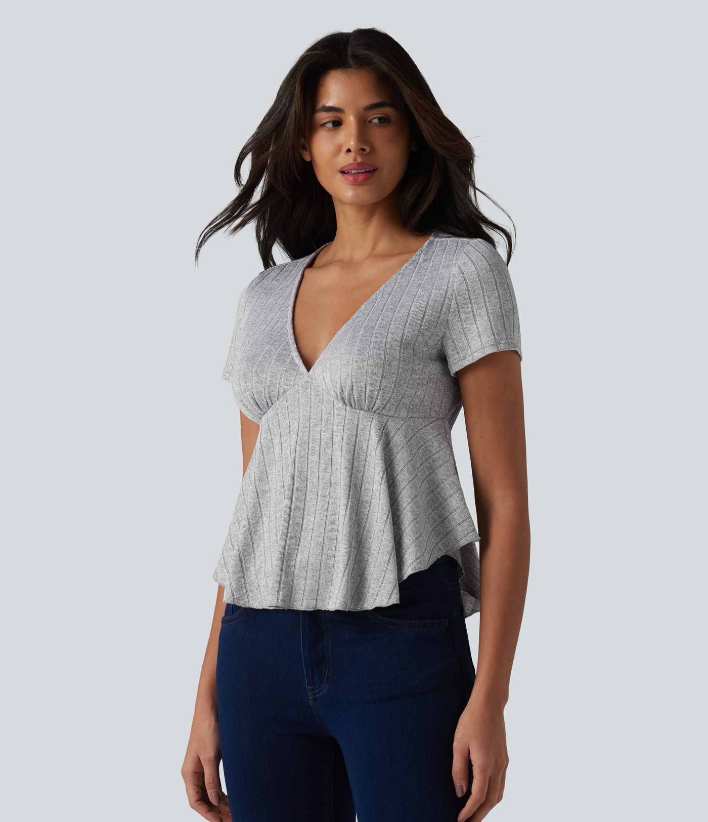 Ribbed Knit V Neck Short Sleeve Ruffle Hem Casual Babydoll T-Shirt