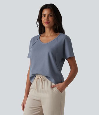 Sweetheart Neck Short Sleeve Waffle Casual T-Shirt