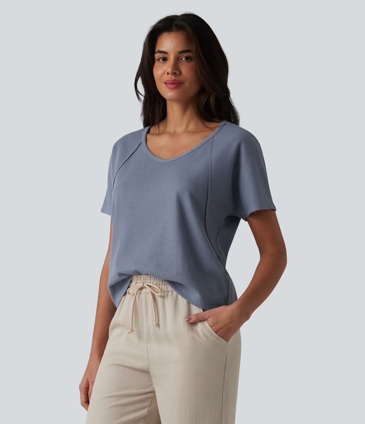 Sweetheart Neck Short Sleeve Waffle Casual T-Shirt