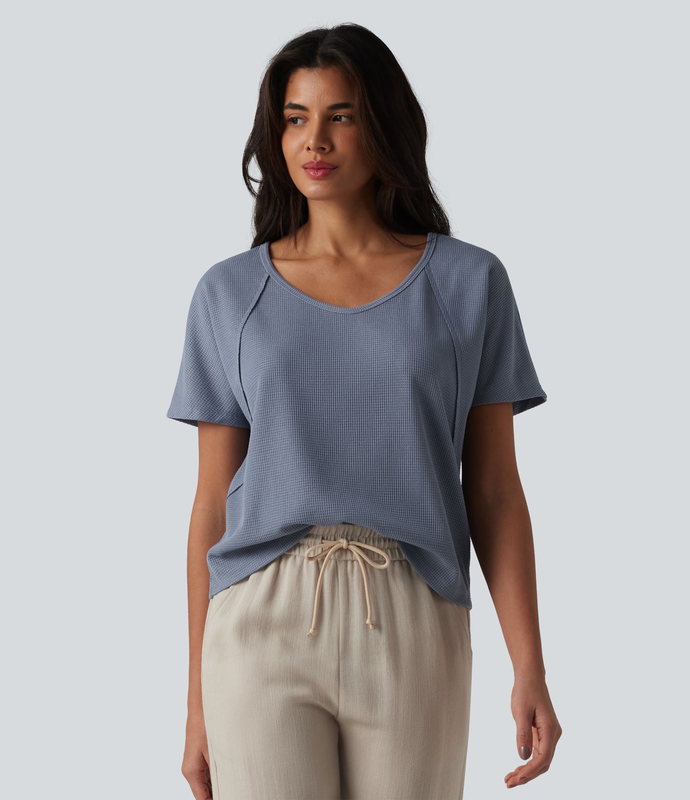 Sweetheart Neck Short Sleeve Waffle Casual T-Shirt