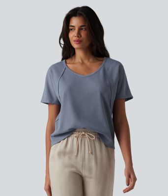 Sweetheart Neck Short Sleeve Waffle Casual T-Shirt