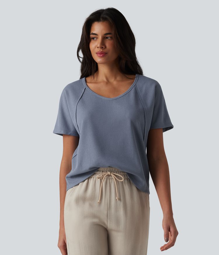 Sweetheart Neck Short Sleeve Waffle Casual T-Shirt