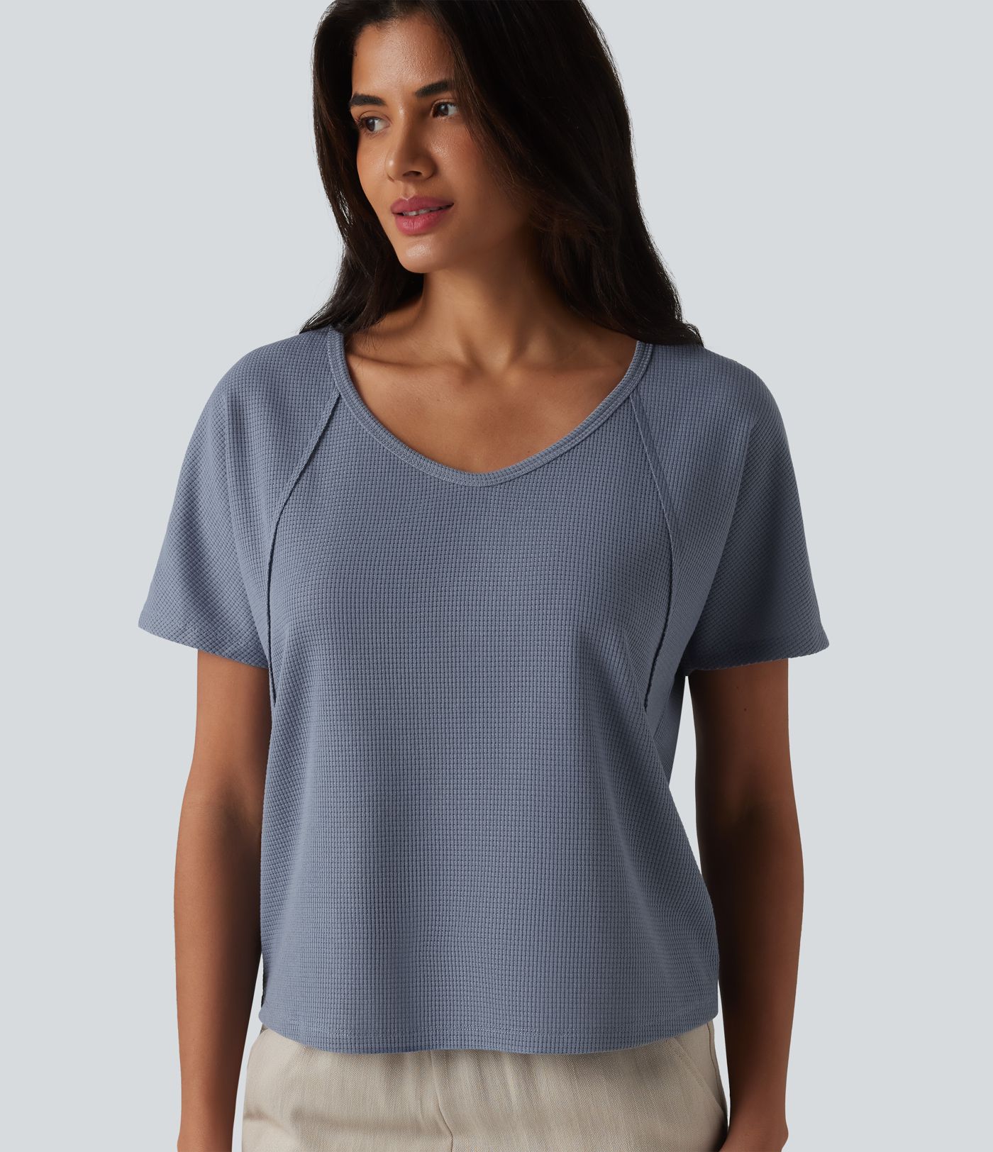 Sweetheart Neck Short Sleeve Waffle Casual T-Shirt