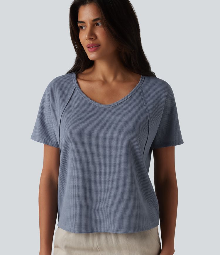 Sweetheart Neck Short Sleeve Waffle Casual T-Shirt